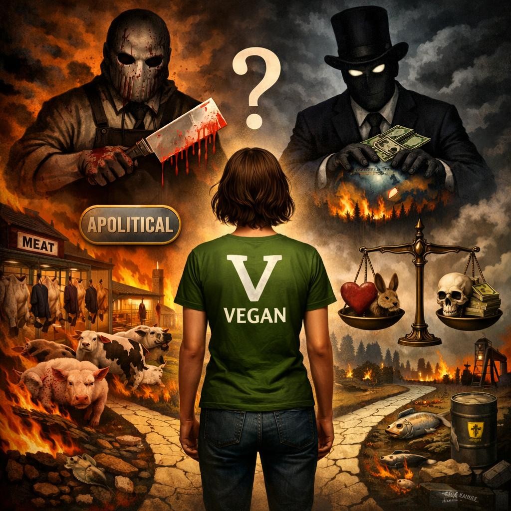Person in green vegan shirt deciding between violent butcher and greedy businessman with money, with animals and scales symbolizing ethical choices