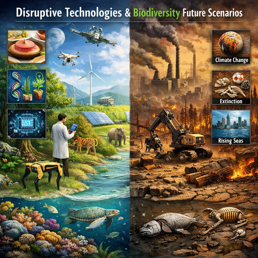 Contrast between technology-driven biodiversity conservation with drones, AI, and renewable energy, and environmental damage with pollution, deforestation, and animal extinction.