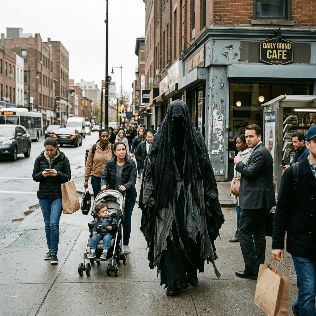 Person wearing long dark tattered robe walking on city sidewalk