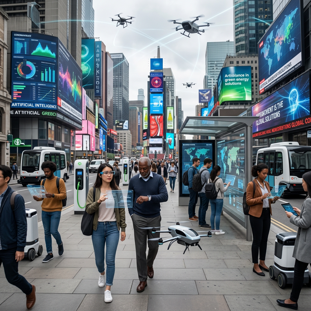 Busy city street with people interacting with transparent digital interfaces, AI drones flying overhead, and smart robots on the ground