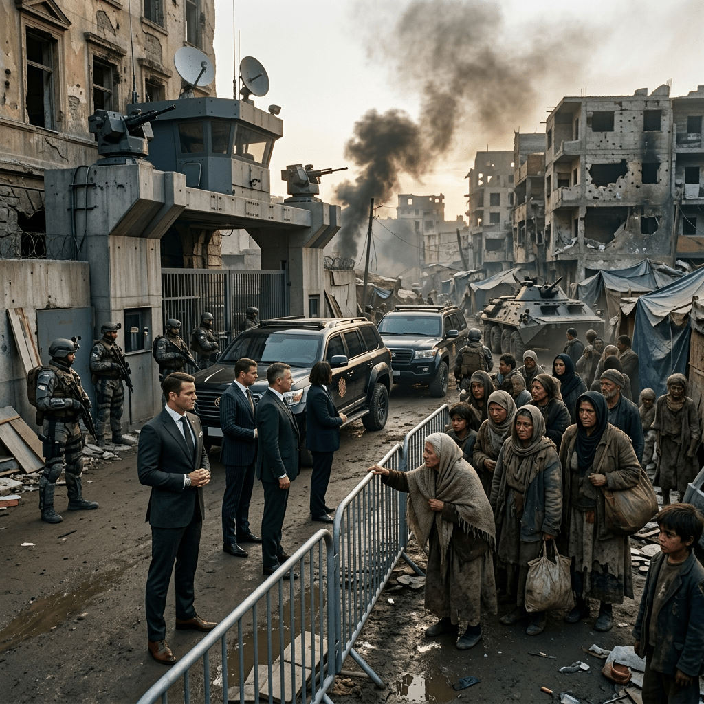 Civilians waiting in line at a military checkpoint in damaged urban area