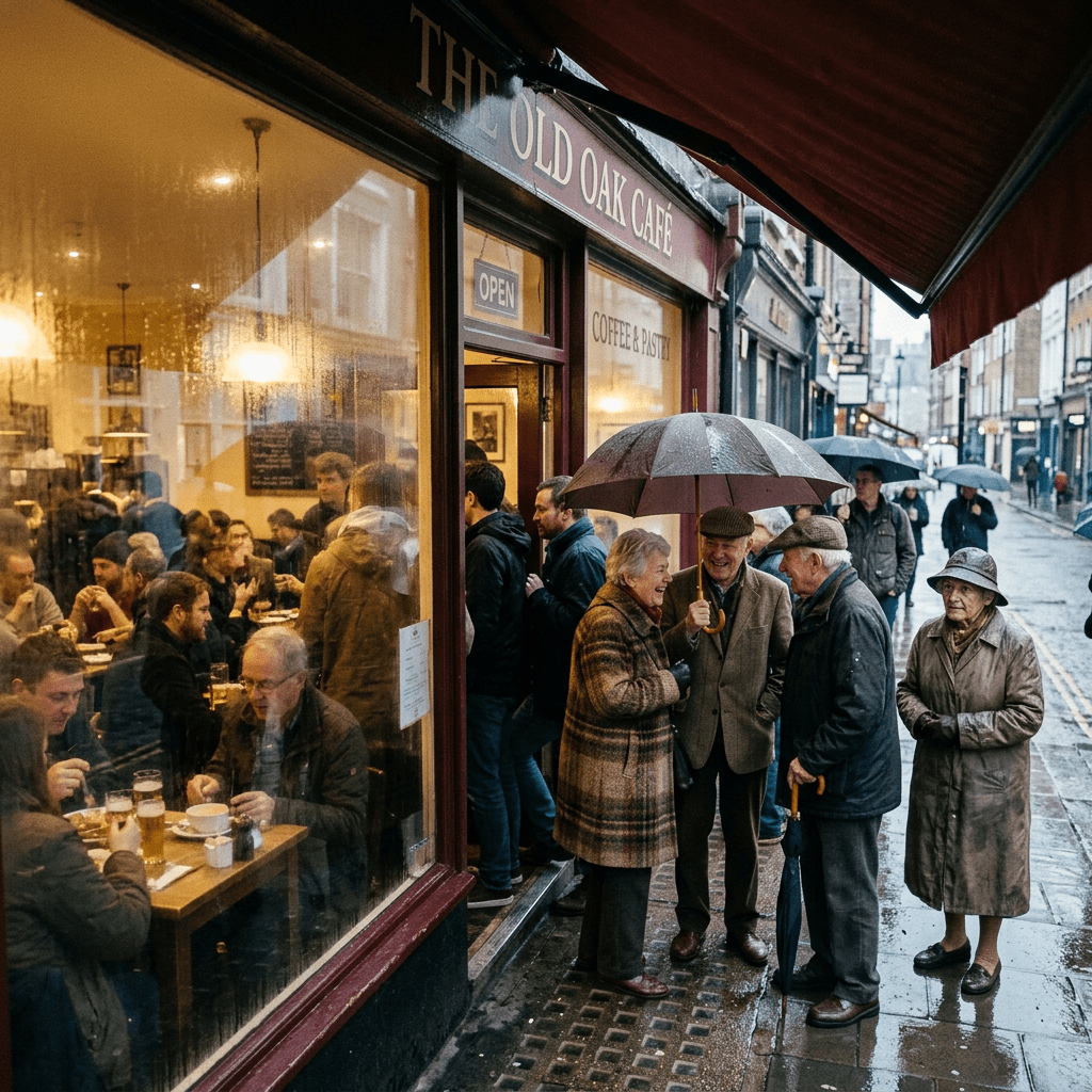 Group of elderly people standing under umbrellas outside The Old Oak Café on a rainy street