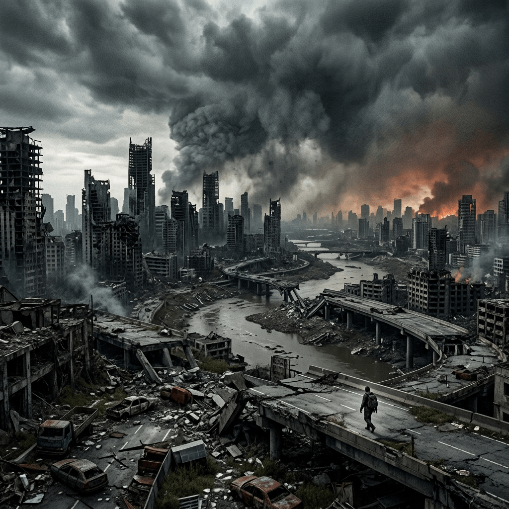 Destroyed city with collapsed buildings, ruined bridges, and smoke rising from fires