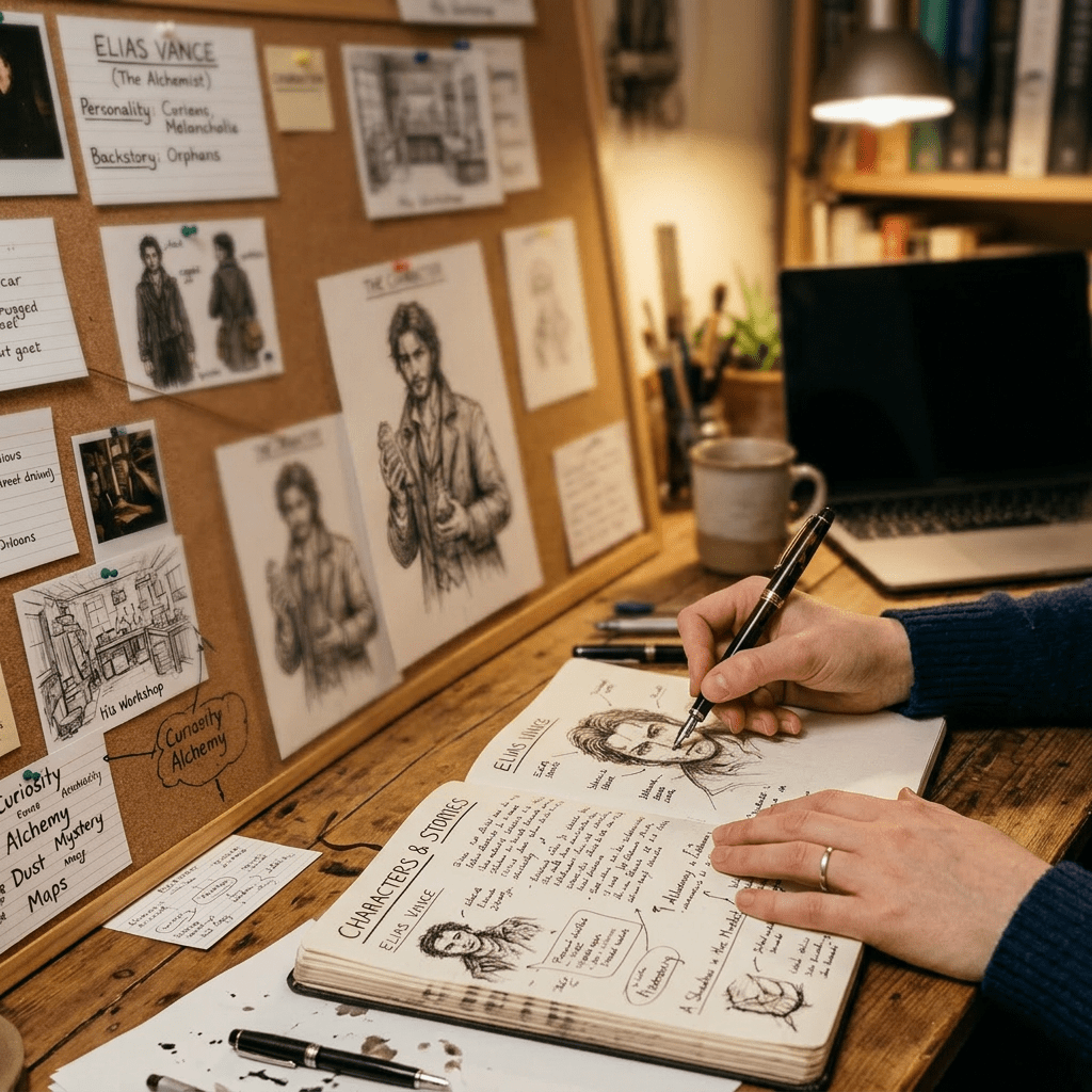 Woman sketching character with notes and drawings pinned on corkboard