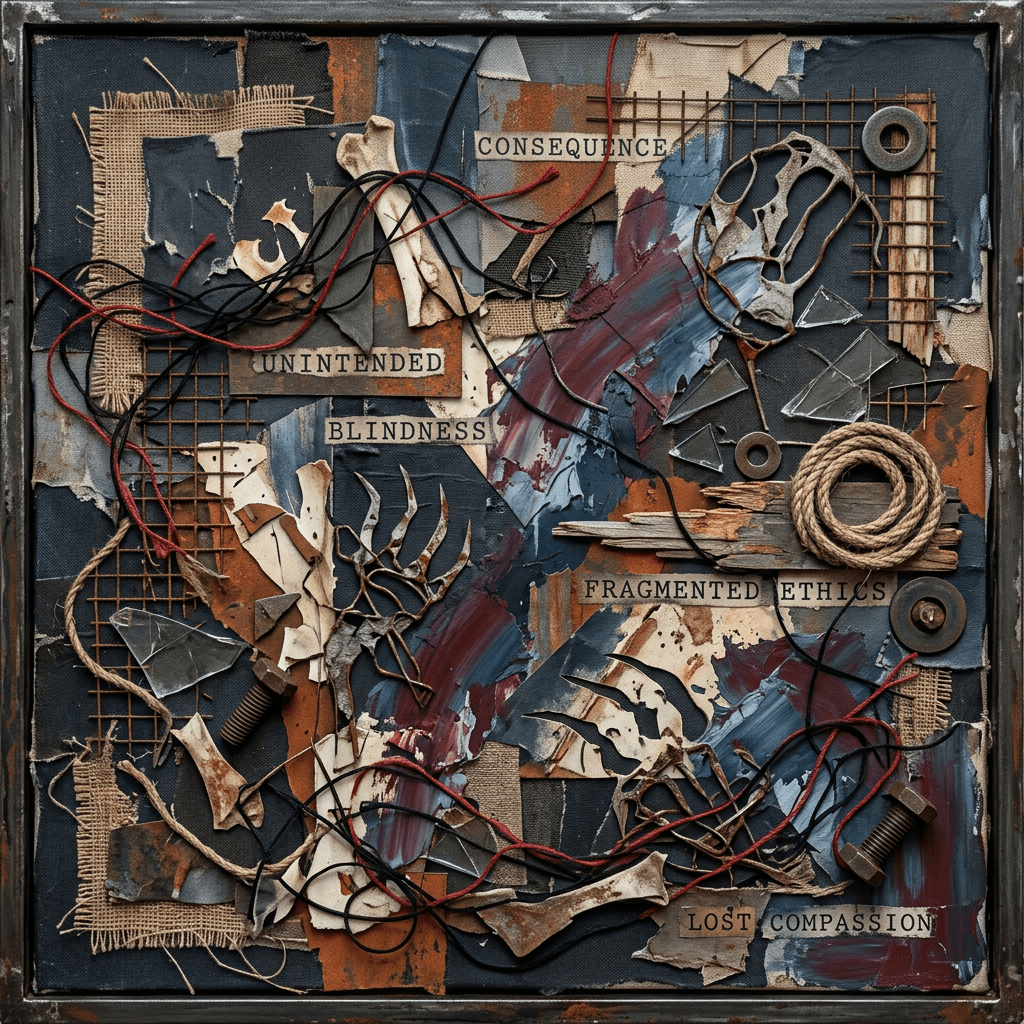 Collage with bones, paint, wires, and words 'Consequence', 'Unintended Blindness', 'Fragmented Ethics', 'Lost Compassion'