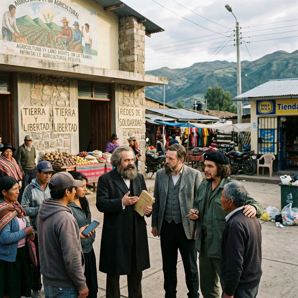 Group of people, including men dressed as historical figures, discussing land rights near a stone building with signs reading Tierra y Libertad and Redes de Solidaridad