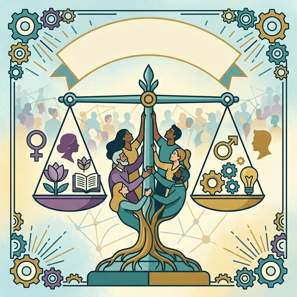 Diverse people holding a balanced scale with symbols of equality and justice, featuring feminist and gender symbols.