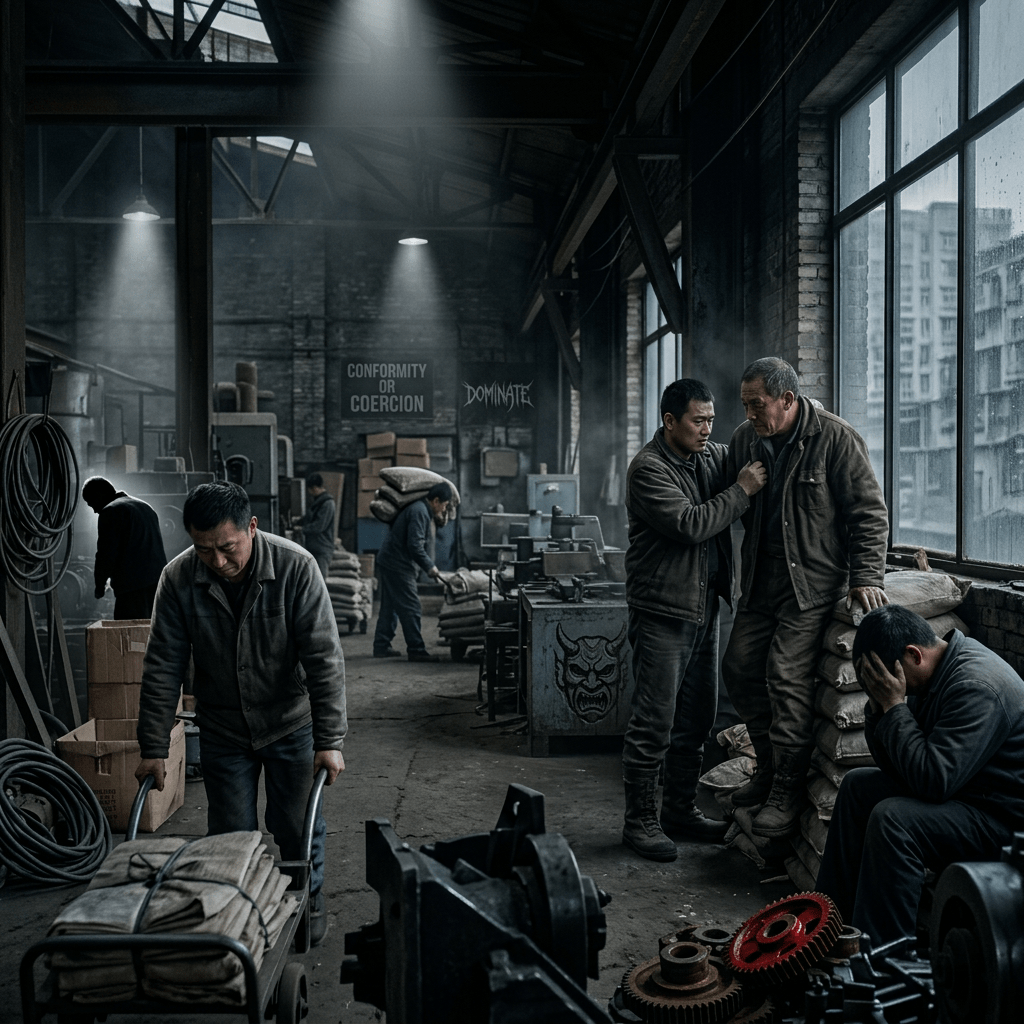 Group of workers in an industrial workshop handling materials and resting