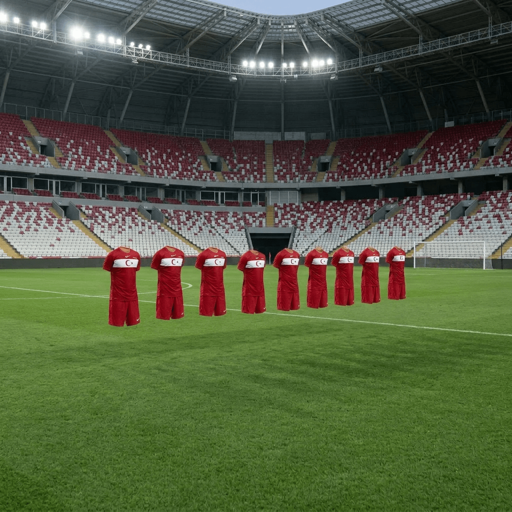 Ten headless mannequins wearing red soccer uniforms with white chest bands and the Turkey flag.