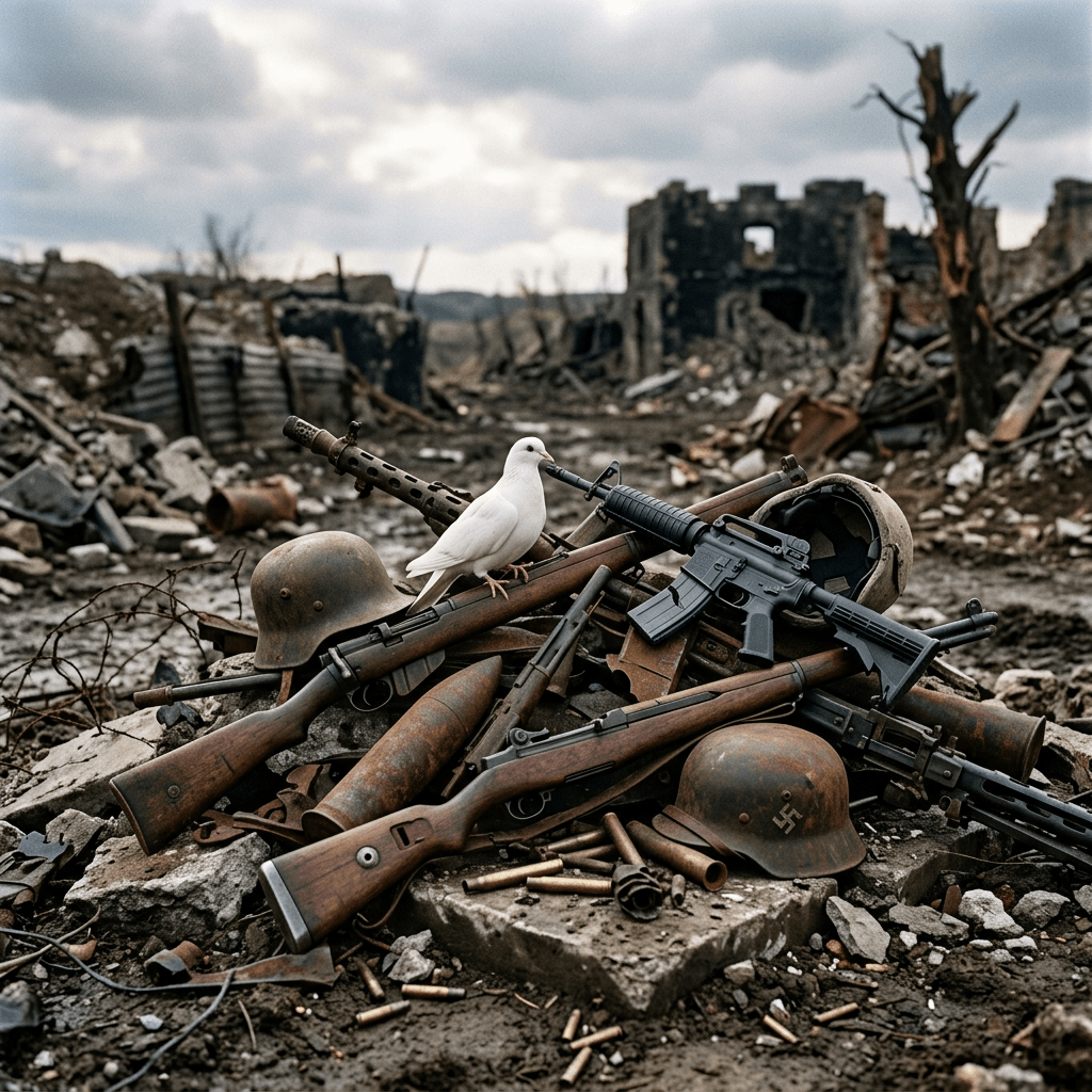 White dove sitting on rusted guns and helmets in war-torn rubble