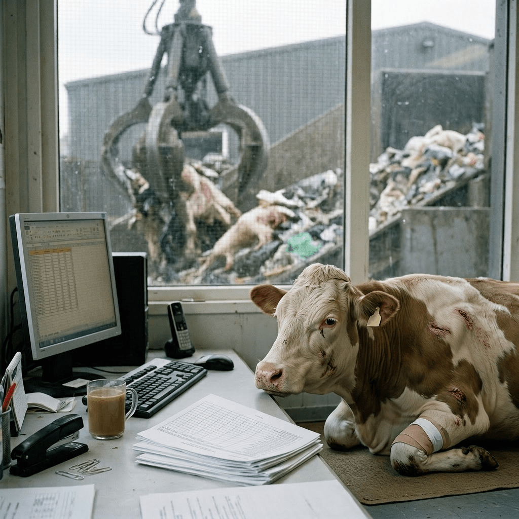 Person in office reviewing documents with waste sorting crane outside window