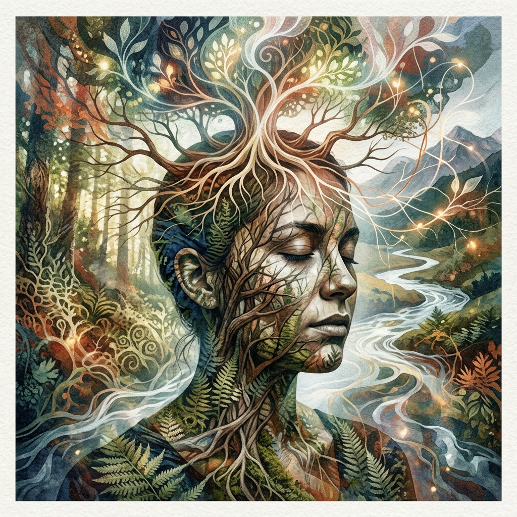 A woman's closed-eyed face intertwined with tree branches, roots, and leaves blending into a forest and river landscape