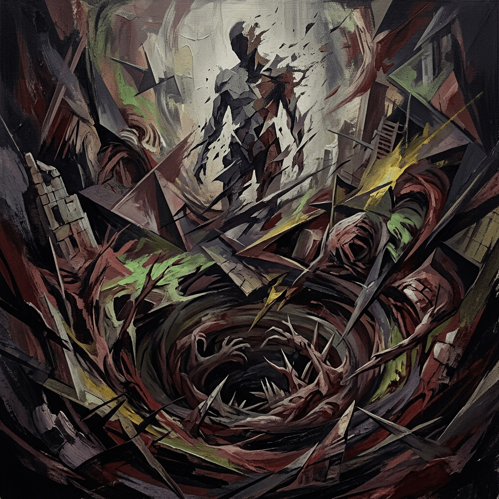 Abstract dark vortex surrounded by jagged shards and twisting thorny forms