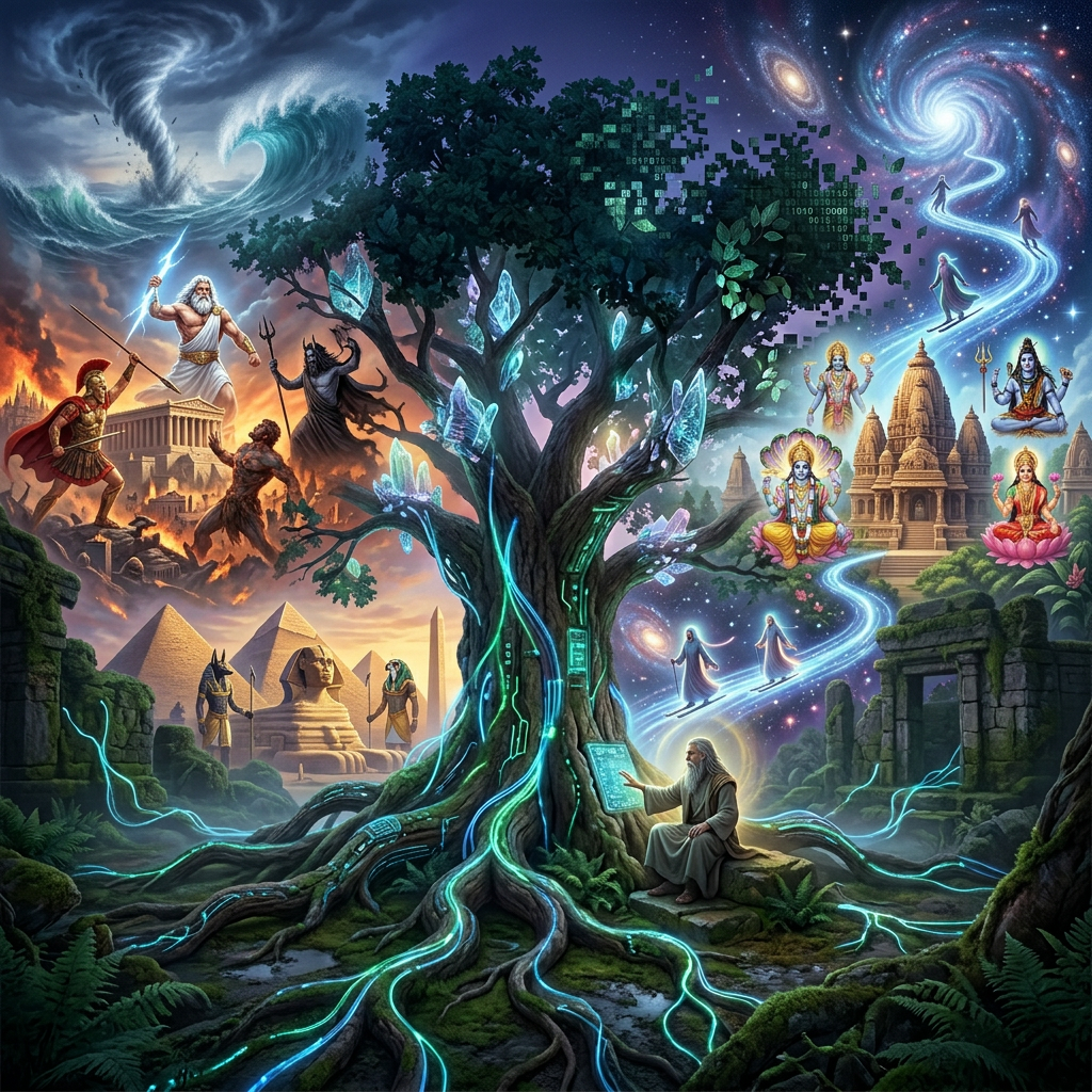 Sage studying a glowing tablet beneath a luminous digital tree