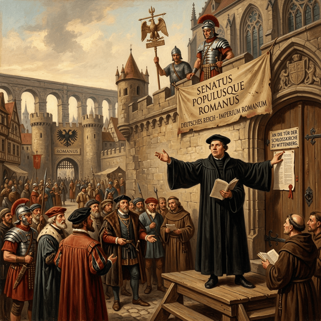 Martin Luther addresses a crowd outside a church; visible text reads “SENATUS POPULUSQUE ROMANUS,” “DEUTSCHES REICH - IMPERIUM ROMANUM,” “ROMANUS,” and “AN DIE TÜR DER SCHLOSSKIRCHE ZU WITTENBERG.”