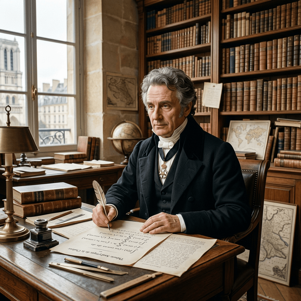 Historical scholar writing with a quill at a library desk