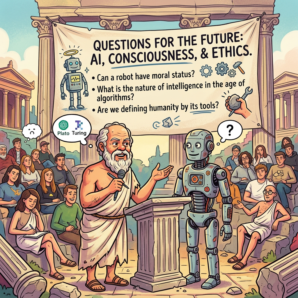 Playful abstract Socrates chatting with a robot