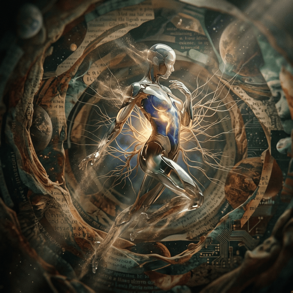 Reflective humanoid android surrounded by planets, circuitry, roots, and layered text
