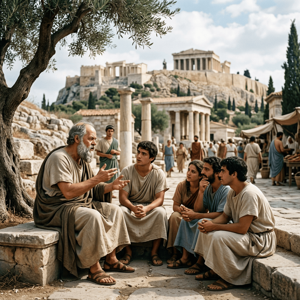 Bearded philosopher speaking with four listeners beneath the Acropolis in ancient Athens