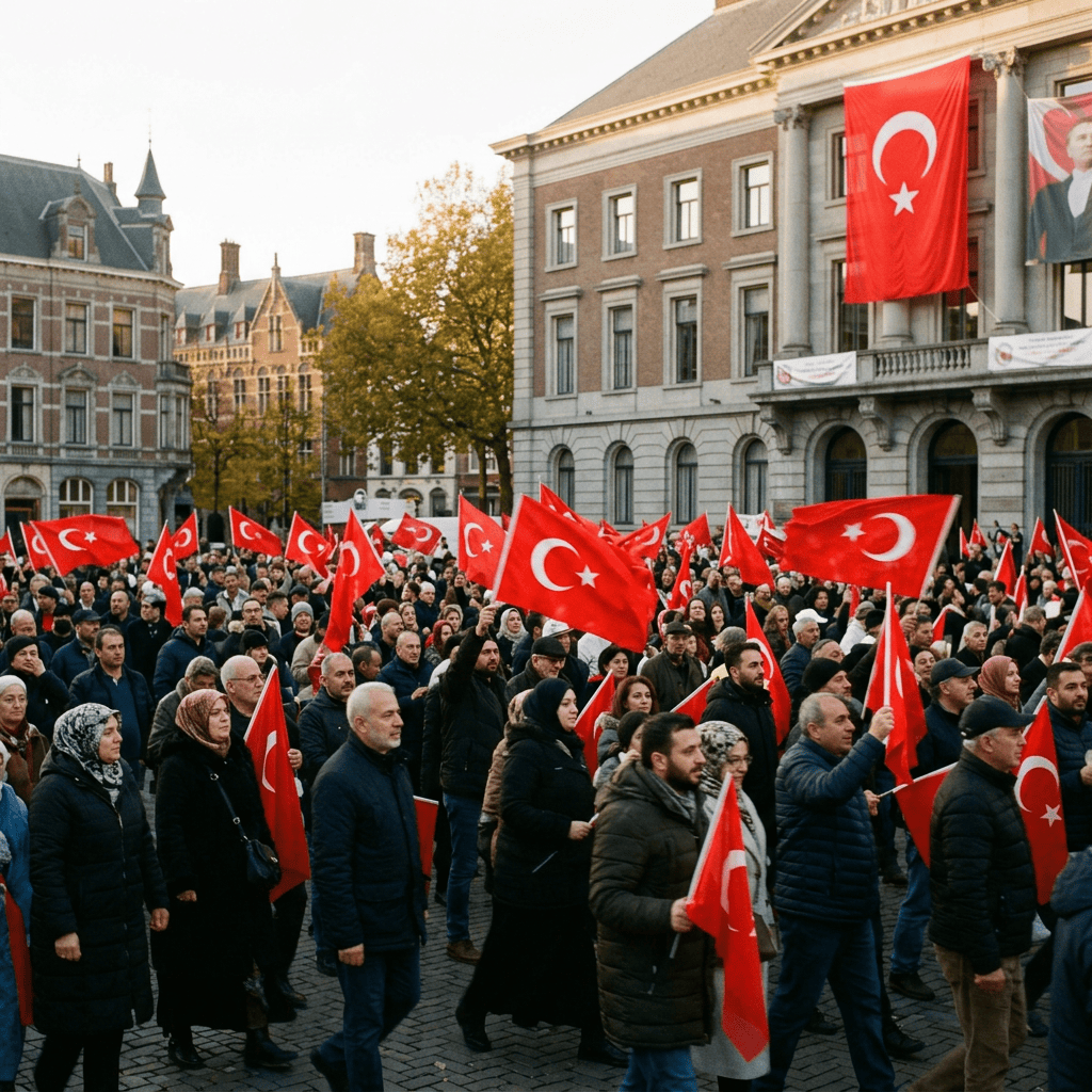 Crowd carrying Turkish flags in a historic city square
